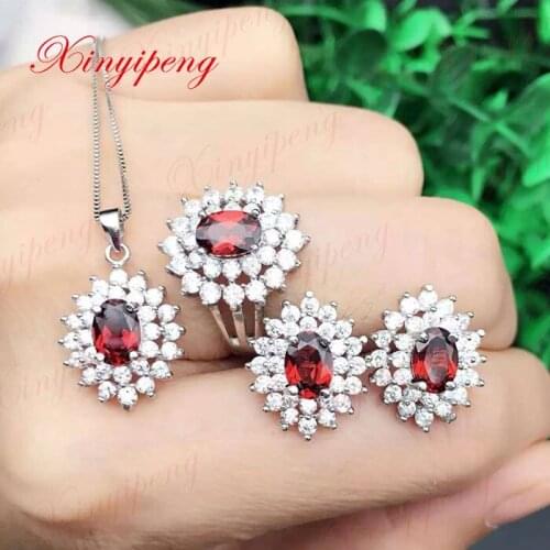 925 silver inlaid 100% natural garnet jewelry suit Ms. Ring necklace pendant earrings fashion gift