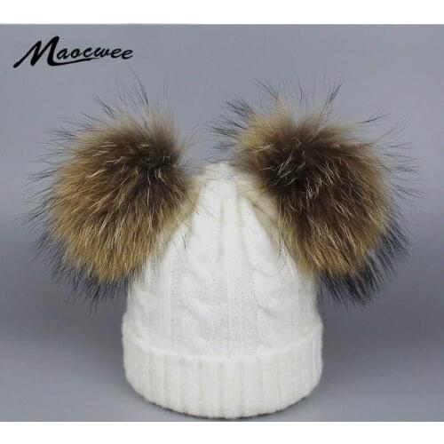 Winter Children Hat and Scarf Knitted Cap Balaclava Natural Raccoon Fur Pompons Hat Scarf for Girls Snowboard Board Bone Gorro