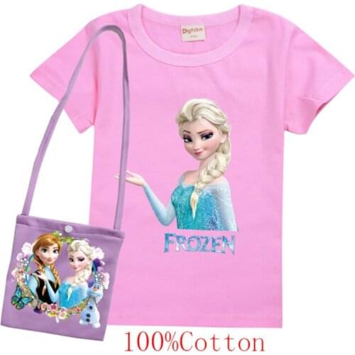 Disney Frozen Elsa Summer Cotton T Shirt+bag for Girl Kids Cartoon Colorful Print Tops Tees Child Baby Short Sleeve Home Clothes