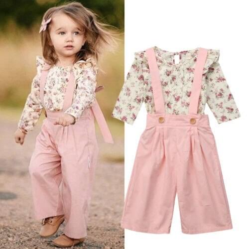 Baby Girl Floral Print Clothes Set Toddler Kids Long Sleeve Ruffle Tops Blouse Bib Strap Pants Outfits Autumn Cotton Girls