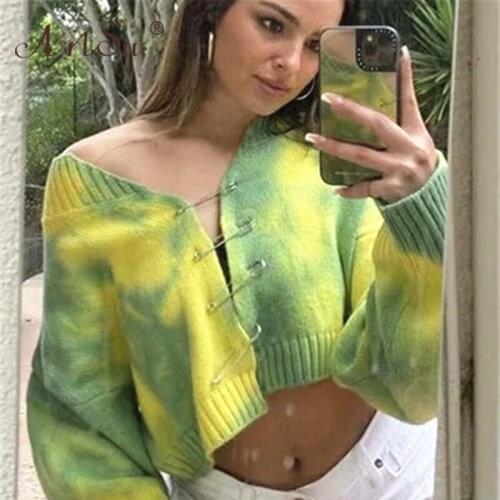 ArtSu Sexy Tie-Dye Print Hollow Out Loose Oversized Cropped Cardigan Jumper Pin Decoration Vintage Autumn Winter Women Knitwear