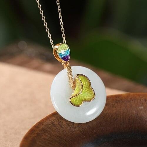 Chinese Style S925 Sterling Silver Gilding Cloisonne Burnt Blue Lotus Leaf Antique Style Emerald round Jade Pendant Pendant Dign