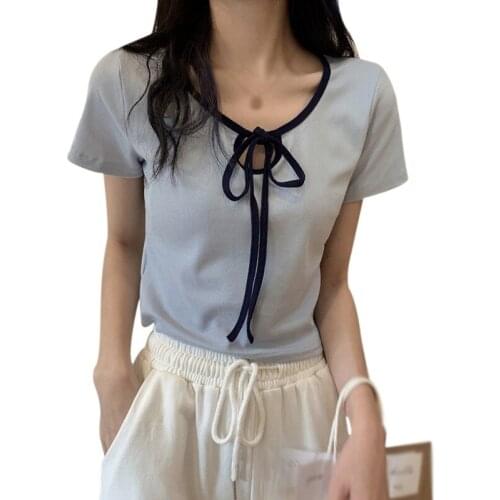Summer Bottoming TShirt Tie Outshown Short Slim T-shirt Womens Top Short Sleeve Tee