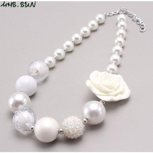 MHS.SUN Fashion white flower girls imitation pearl necklace chunky bubblegum diy baby beaded necklace for kids children party