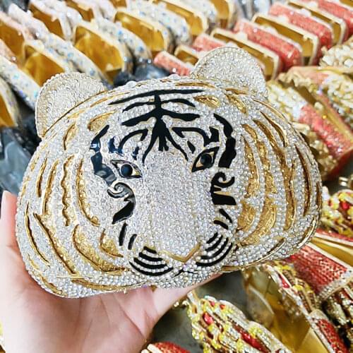 Fashion White/Brown Tiger Head Shape Diamond Clutch Bags High Quality Women’s Crystal Phone Case Bag Rhinestone Party Purse