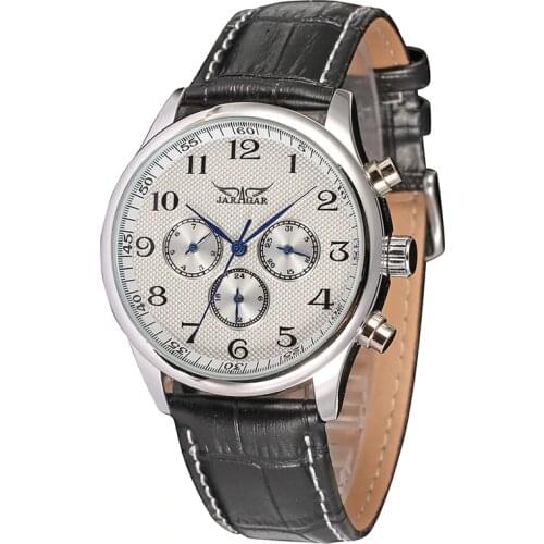 Fashion Jaragar Top Brand Automatic Mechanical Self-wind Sport Thin Case Calendar 24 Hour Week Dial Real Leather Men Wrist Watch