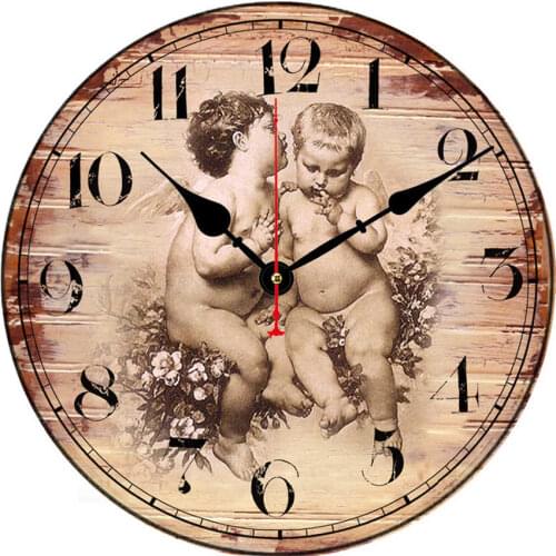Vintage Church Cupid Silent Decoration The Holy Bible Style Home Wall Clock Angel Cherub Hand Drawn Wooden Wall Clock