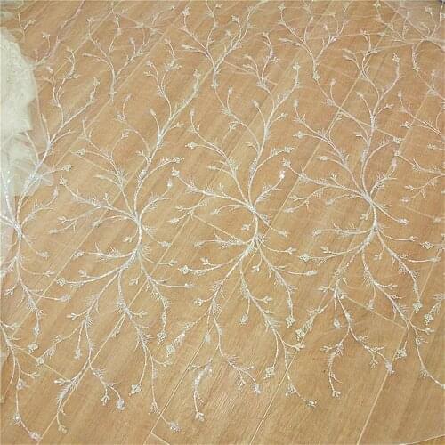 Newest Lace Fabric Sequined Off White Branch Embroidery Flower Bridal Fabric 51" Wide By Yard