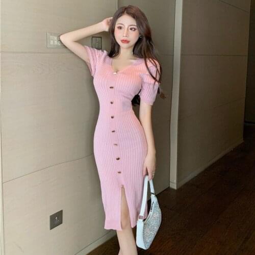 Fashion Summer Knitting Dress Chic V-Neck Short Sleeve Single Breasted Split Sexy Sheath Dress Hip Package Club Party Vestido