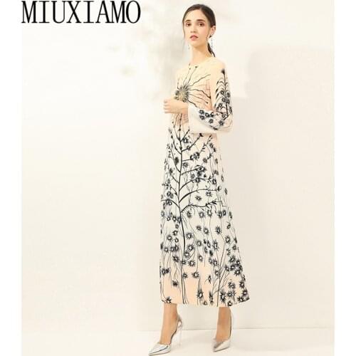 MIUXIMAO 2020 Spring &Summer Dress Newest High Quality Leaf Print Elegant Loose Casual Office Lady Long Dress Women Vestidos