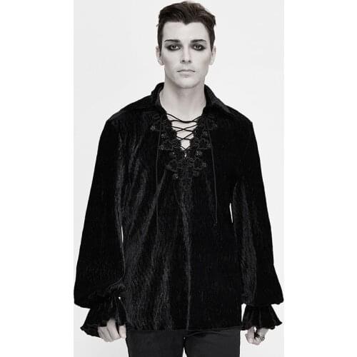 Vintage Men Shirts Black Solid Color Mens Top V Neck Men Clothing Long Sleeve Shirt Male Blouse Gothic