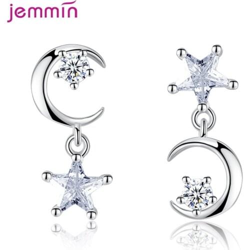 Party Trendy Korean Sweet Star Moon Rhinestone Eardrop 925 Sterling Silver Asymmetrical Dangle Earrings Sets Lovers Gift Jewelry