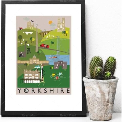 Yorkshire County Illustrated Print, Whitby, York, Emlymore, Yorkshire Tea, Skipton, Decorative Landscape Poster