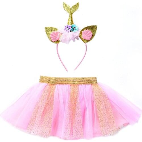 Girls Tutu Skirt With Mermaid Headband Childrens Performance Costume Skirt Baby Birthday Mesh Puffy Skirt Shell Set