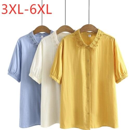 New 2021 Ladies Summer Plus Size Tops For Women Blouse Large Short Sleeve Loose Cotton Yellow White Button Shirt 3XL 4XL 5XL 6XL