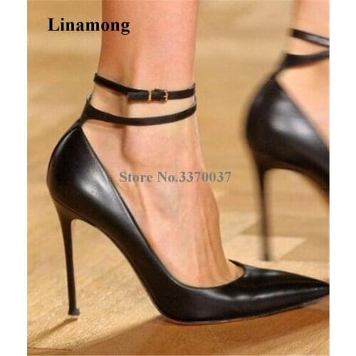 Women Elegant Fashion Pointed Toe Leather Stiletto Heel Pumps Ankle Straps High Heels Formal Dress Shoes Club Shoes