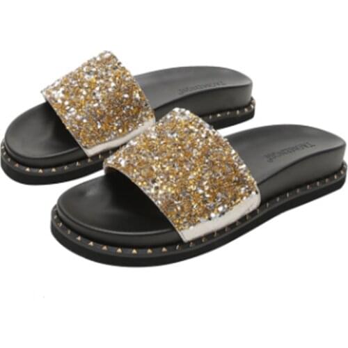 Ladys Cute Crystal Fashion Shoes Flat Slippers Bling Women Summer Slides Street Style Gold Grey Black wide Fitting Chinese 43