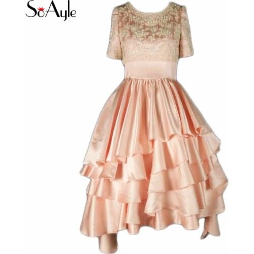 SoAyle Real Picture Vestidos de festa 2017 Prom Dresses Short Sleeves with Jacket Beading Pearls Tired Ruffles Nude Pink Dress