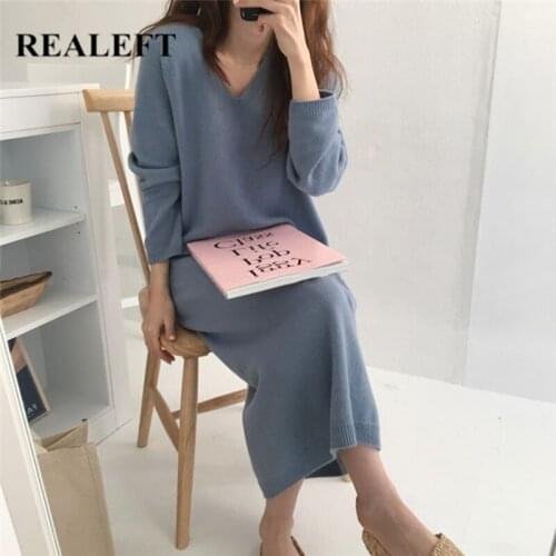 REALEFT 2020 New Autumn Winter Women Casual Knitted Long Dresses Long Sleeve V-Neck Knitted Sexy Sweater Dresses for Ladies