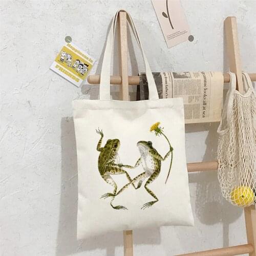 2021 Womens Canvas Shoulder Bag Student Flower Frog Female Handbag Korean Fashion Large Capacity Reusable Shopping Bag