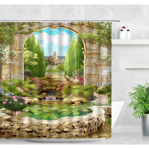 3D Rural Floral Scenery Shower Curtain Set Flowers Green Plant Roman Garden Oil Painting Wall Decor Waterproof Bathroom Curtains