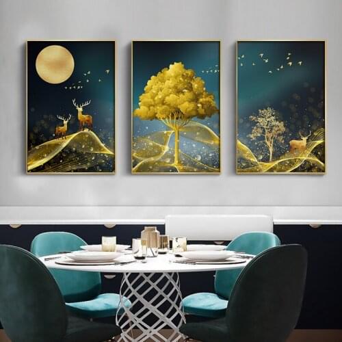 Nordic Abstract Golden Moon Tree Deer Painting Canvas Posters Prints Gold Wall Art Pictures For Living Room Modern Home Decor