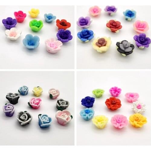 Free Shipping 10Pcs/Lot Random Mixed Polymer Clay Rose Flower Spacer Beads Charms 12-15mm For Jewelry Making