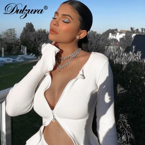 Dulzura 2019 autumn winter women coats crop top tops zipper sexy streetwear festival clothes casual ribbed sweatshirt