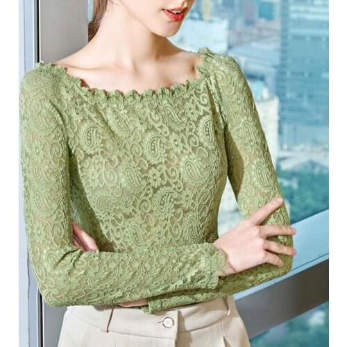 Elegant Women Autumn Long Sleeve See Through Lace Basic Blouse Top Slim T-shirt Long-sleeved Solid Color Embroidered Floral Lace