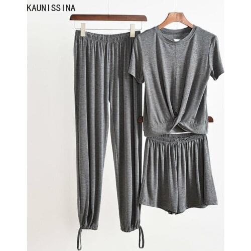 3 Piece Womens Modal Pyjamas Set Ladies Short Sleeve Slim Tops Short and Long Pants Pajamas Home Clothes Sleepwear Suits