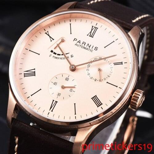 Hot new arrival 42mm PARNIS rose golden dial leather strap power reserve ST1780 date automatic mens watch 944
