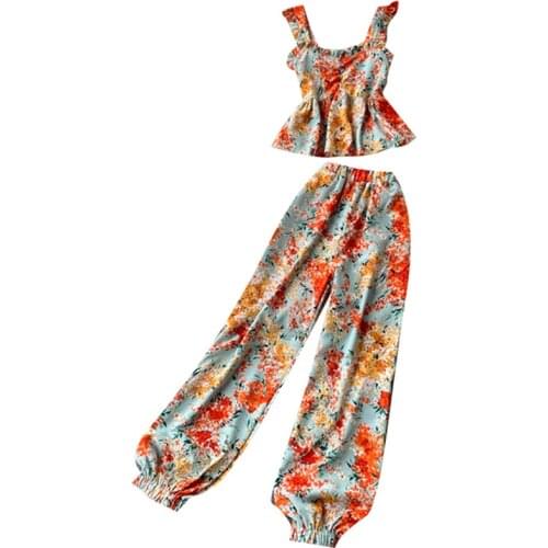 2021 summer new ladies suit retro holiday style sweet floral sling blouse female high-waist bloomers two-piece trend