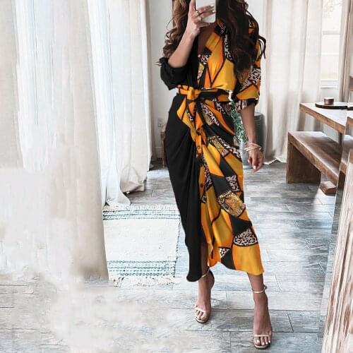 Summer Womens Long Sleeve Dress Fashion Deep V-neck Button Letter Print Tie A Knot Slim Casual Irregular Dresses Women Clothing