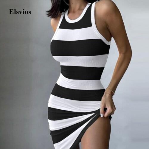 Sexy Off Shoulder Sleeveless Women Mini Dress 2021 Summer Casual Stripe Print Tank Dress Elegant Lady O-Neck Bodycon Party Dress