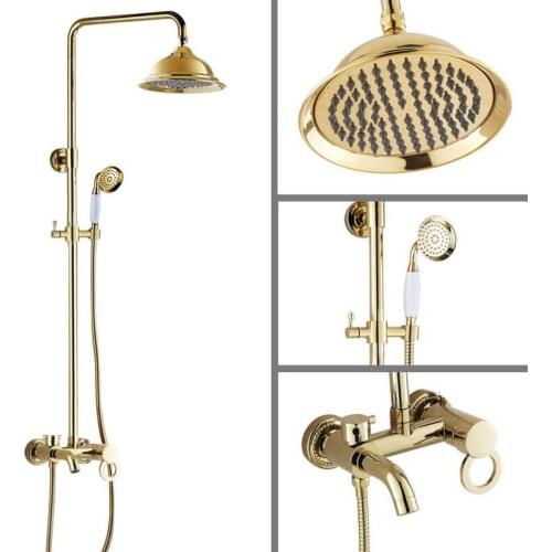 Modern Gold Color Brass Wall Mounted Single Handle Bathroom 8.2" Rain Shower Faucet Set Mixer tap agf413