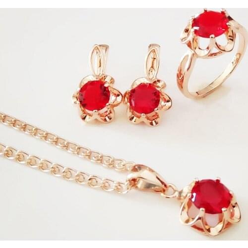 Wedding Jewelry Sets Trendy Red Stone Cubic Zircon Jewelry Set 2021 New Fashion Necklace/Earring/Ring Jewelry Sets for Women