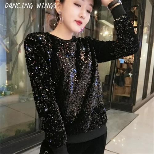 DANCING WINGS spring fashion womens black sequin long sleeve shirts pullover feminino