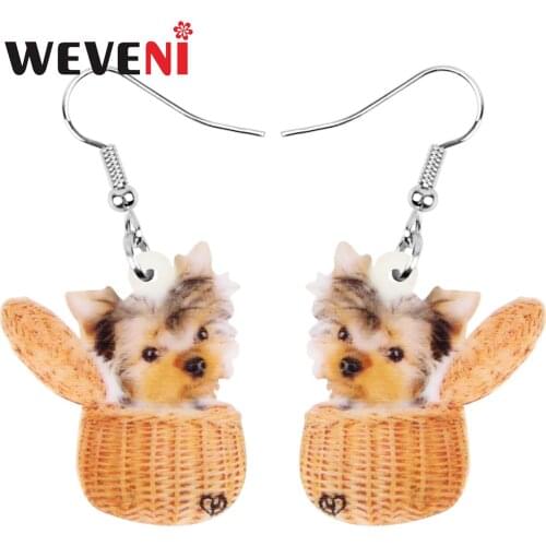 WEVENI Acrylic Brown Basket Cute Yorkshire Dog Earrings Big Animal Dangle Drop Jewelry For Women Girls Kids Birthday Gift Charms