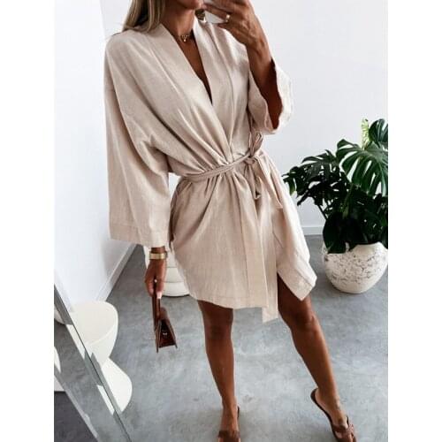 2021 Womens Long-sleeved Short Skirt Home Travel Lace-up Female V-neck Dress Summer Casual Loose and Comfortable Dresses