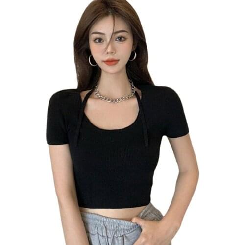 Womens Solid O Neck Halter Casual Slim Exposed Navel Knitted Short Sleeve T-Shirt Tops