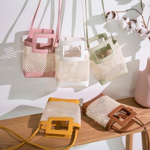 Women Straw Bucket Bags PU Leather Shoulder Mesh Bags New Designer Knit Splicing Crossbody Bags Female Summer Beach Travel Bag