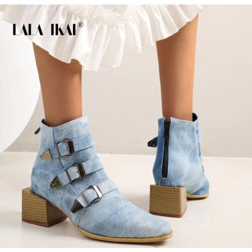 LALA IKAI Womens Ankle Boots Retro Rivet Belt Buckle Thick Square Heel Boot ZIP 2020 Fashion Female Autumn Winter XWC10346-4
