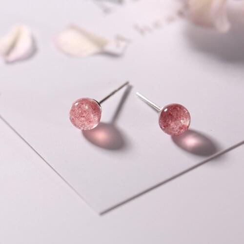 S925 sterling silver strawberry quartz pink crystal simple sweet indie pop style and compact female stud earrings