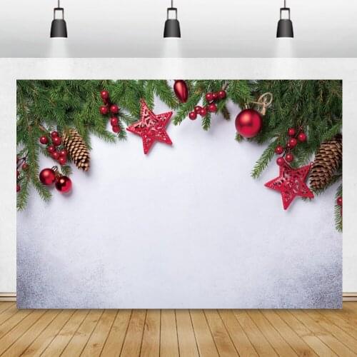 Winter Christmas Background For Photography Matsueda Pine Leaf White Cement Wall Portrait Shoot Party Customized Photo Backdrop