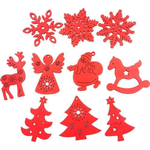 10pcs Mix Red Wooden Christmas Ornaments Hanging Wood Pendant Decoration DIY Craft Christmas Tree Hanging Ornaments