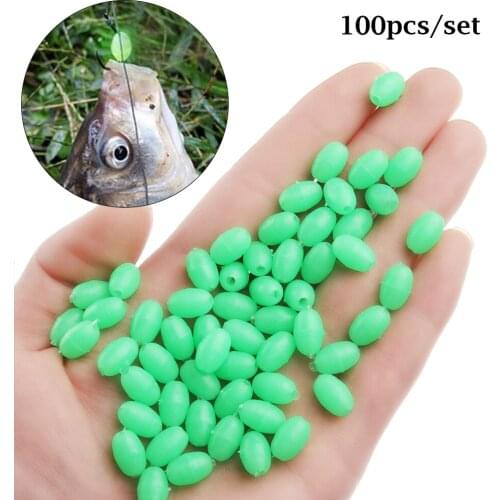 100Pcs New Plastic Oval Rubber Luminous Fishing Beads Glowing Sink Beads For Treble Hook Fishing Rigs Green Fishing Lure Tackle