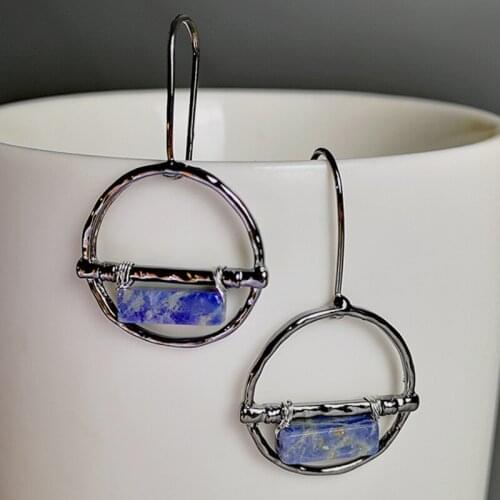 2020 New Plated 925 Silver Ring Earrings Fashion retro Handmade Winding wire natural Lapis Earrings Women Accessories Jewel