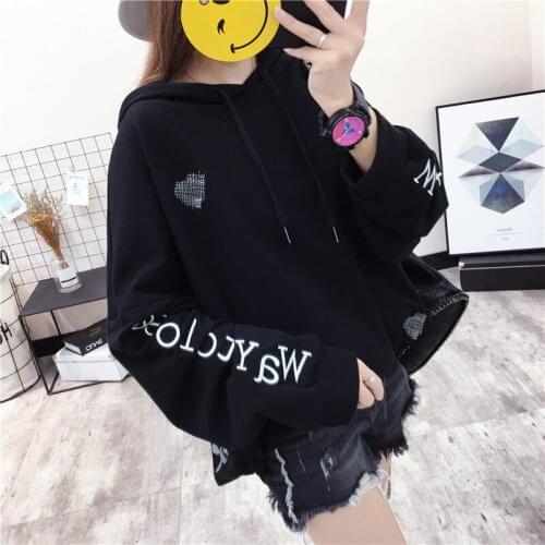 #2375 Cotton Long Sleeve Letter Printed Hoodies Sweatshirts Women Plus Size Autumn Winter Hooded Casual Loose Sweatshirt Woman