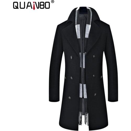 QUANBO Brand Clothing Mens Wool Coat New Winter Thick X-Long Jacket Fashion Double Breasted Solid Slim Woolen Coats