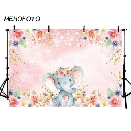 MEHOFOTO Girl Elephant Baby Shower Backdrop Baby Girl Elephant Pink Floral Birthday Photography Background for Photo Studio